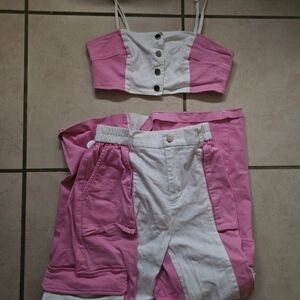 Pink and White Buttoned Crop Top and Shorts Set